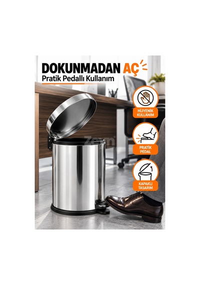 16 Litre Pedallı Metal Çöp Kovası Kapaklı Mutfak Ve Ofis Çöp Kovası