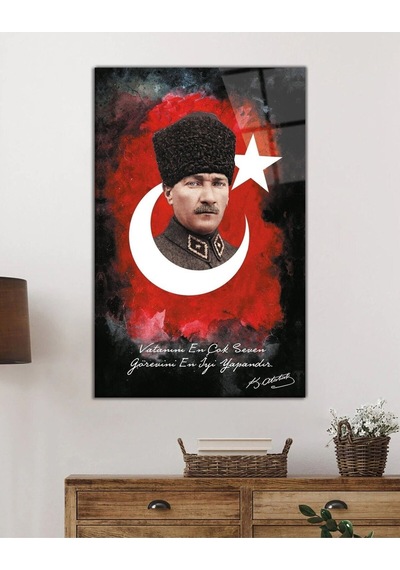 Miyrem Glasses Collection -a1^ Özlü Sözlü Atatürk Türk Bayrağı Cam Tablo
