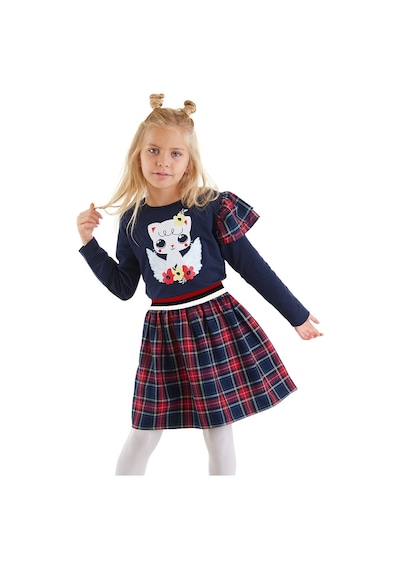Denokids Kanatlı Kedi Kız Çocuk Lacivert Ekose Elbise Lacivert