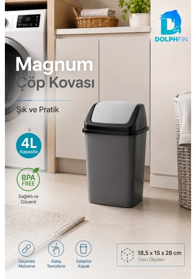 Magnum 4 Litre Sallanır Kapaklı Mini Çöp Kovası Banyo Mutfak Ofis Antrasit Siyah