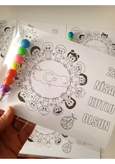 23 Nisan Çocuklar Boyama Kartı Ve Kurşun Kalem 30 Adet Çok Renkli