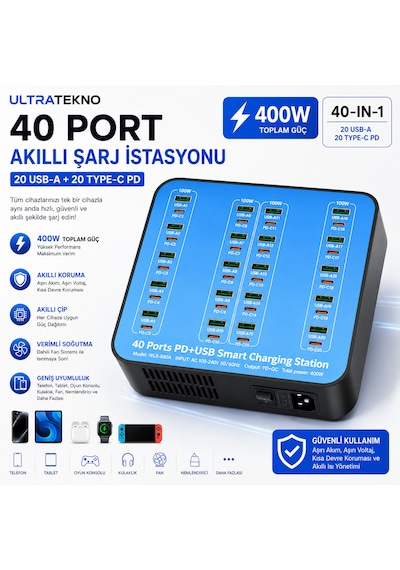 Ultratekno 40 Port Şarj İstasyonu 400w 20 Usb 20 Type-c Pd Multi Port Akıllı Hızlı Şarj Cihazı