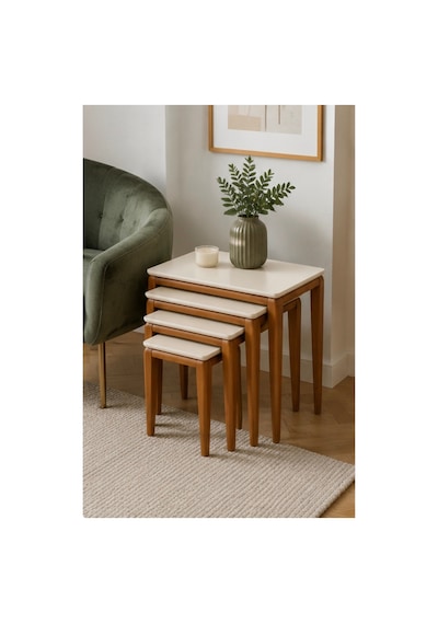 Ant Home Milas 4'lü Zigon Sehpa, Yan Sehpa, Bohem Sehpa, %100 Doğal Ahşap, Salon Sehpa Ekru
