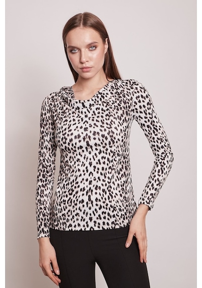Jument Desenli Degaje Yaka Uzun Kol Likralı Kumaş Body-Bej Leopar