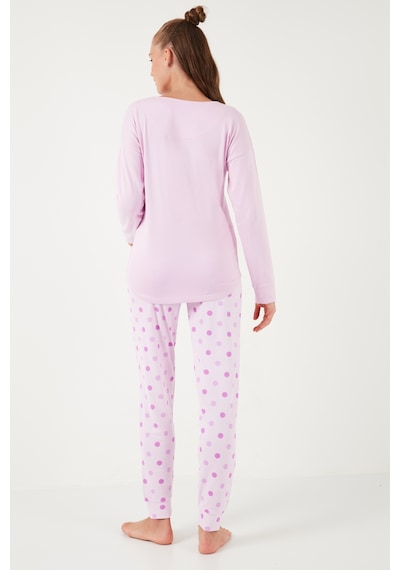 Lela Streç Standart Fit Bisiklet Yaka Desenli Bayan Pijama Takımı 6095700 Açık Pembe