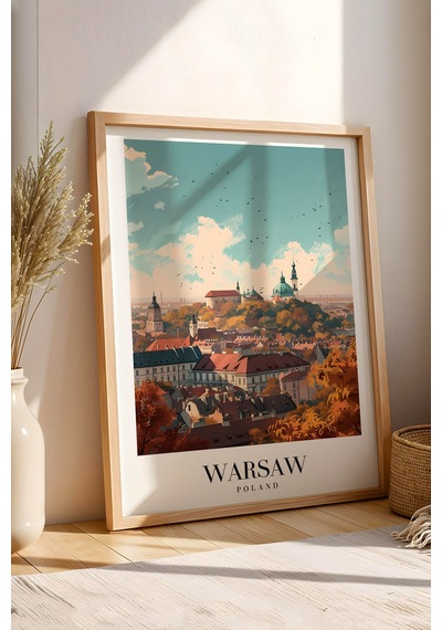 Warsaw Poland Vintage Seyahat Posteri Çerçeveli Tablo - Premium Varşova Elit Duvar Dekoru Kayın