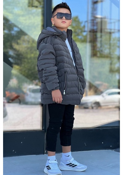Pina Kids Erkek Çocuk Çıkarılabilir Kapüşonlu Sık Dikişli Nova Kumaş Kışlık Şişme Mont Km4016 Füme