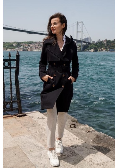 Pastelastore %100 Pamuk Gabardin Midi 95cm Astarlı Kemerli Kadın Trençkot 1113 Siyah