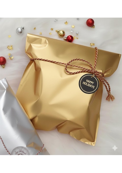 Hediye Paketi 1 Adet 40x60 Büyük Boy Gold Hazır Yapışkanlı Hediye Poşeti Kazak,sweatshirt Uygun