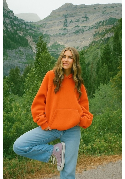 Benroma Düz Ünisex Oversize Kapüşonlu Sweatshırt Turuncu