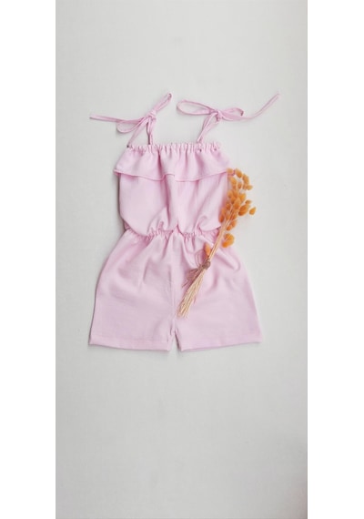 Nar Çiçeği Kız Bebek Keten İp Askılı Tulum-Pembe