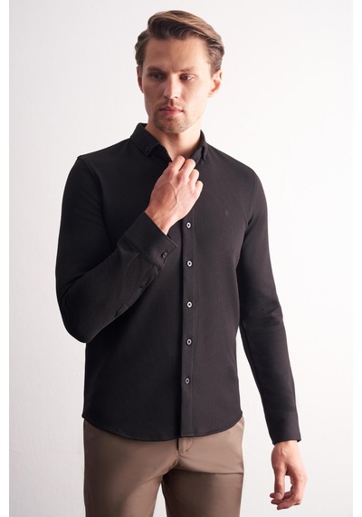 İmza Siyah Uzun Kol Düğmeli Yaka Kendinden Desenli Pamuklu Slim Fit Gömlek 1004255267 Siyah