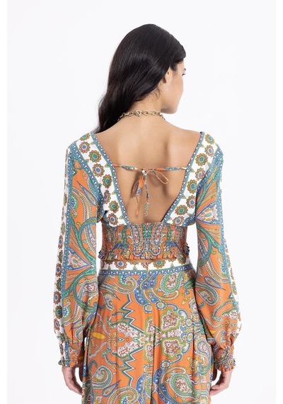 Fashion Cocktail V Yaka Hint Şal Desenli Bohem Yazlık Sahil Kadın Viskon Kollu Krop Pantolon Takım Turuncu Fashion Cocktail V Yaka Hint Şal Desenli Bohem Yazlık Sahil Kadın Viskon Kollu Krop Pantolon Takım Turuncu