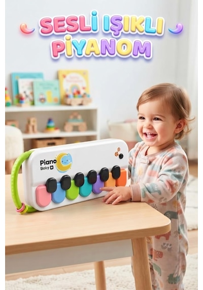 Işıklı ve Sesli 2'si 1 Arada Pilli Eğitici Bebek Piyanosu 2 Kademeli Ses Ayarlı İlk Piyano Deneyimi Yeşil