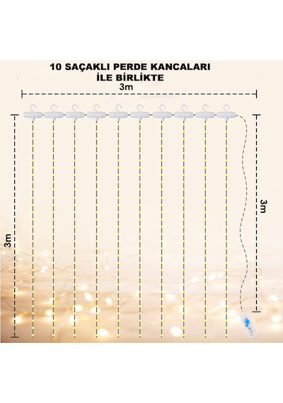 3x3 Metre Peri Led Kumandalı Perde Asma Kancalı Peri Led Yılbaşı Led Gün Işığı Led Işık 8 Modlu Standart