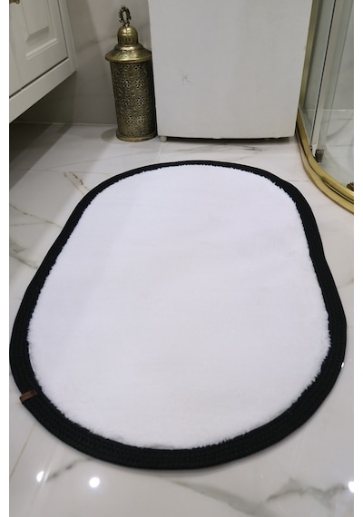 Kaymaz Taban Puffy Peluş Ultra Yumuşak 50x70 Cm Bordürlü Şık Tasarım, Suya Dayanıklı Banyo Paspası Beyaz-siyah