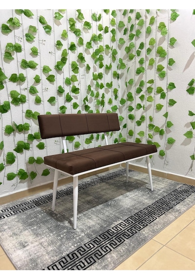 Özcan Metal Beyaz Metal Ayaklı Sırtlı Siyah Mutfak Salon Antre Yatak Odası Puf Bank Oturak Bench Kahverengi