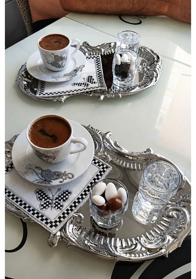 6 Lı Kelebek Desenli Gümüş Ekose Kokteyl Peçetelik 13x13 - Kare Kahve Sunumluğu,