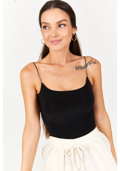 Armonika Kadın Siyah İp Askılı Astarlı Crop Bluz Arm-22y055003
