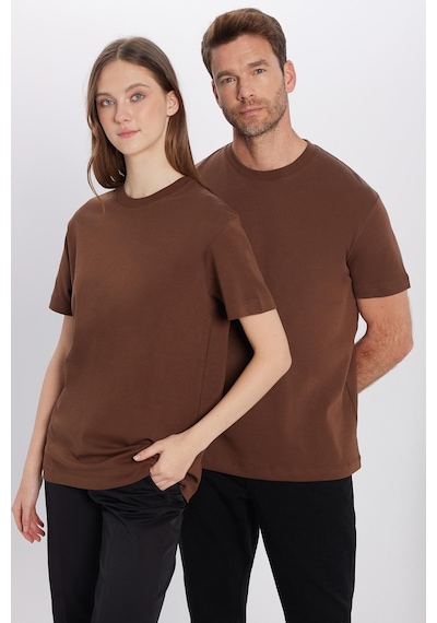 Tudors Unisex Relax Fit Rahat Kesim %100 Pamuk Yumuşak Dokulu Basic Bisiklet Yaka Kahverengi Tişört-31474 Kahverengi