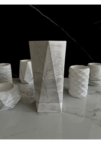 Beton Çiçek Vazosu El Yapımı Dekoratif Geometrik Saksı Mermer Desen