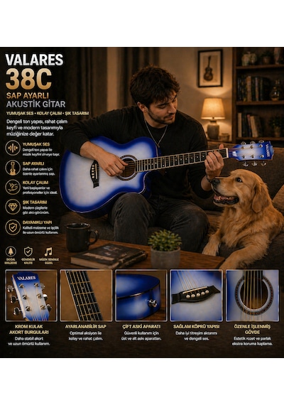 Valares 38c Kesik Kasa Sap Ayarlı Akustik Gitar 38 4/4 Full Aksesuar Hediyeli Mavi Sunburst Blue Sunburst