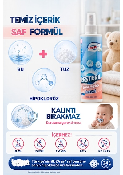 Resteril Biberon Temizleyici Alkolsüz Durulanmayan Saf Hipokloröz Biberon Sterilizatör Emzik Süt Pompası Hijyen Spreyi Bebek Dezenfektan Sprey Baby Kids 200 ML