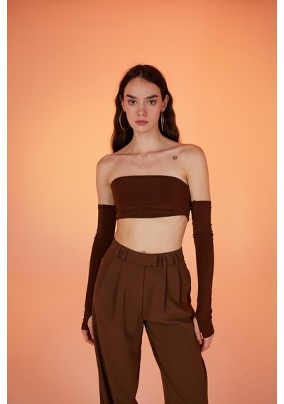 Holly Lolly Straplez Model Kol Detaylı Noir Bluz Kahverengi Kahve