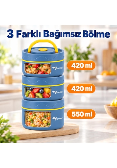 Valkyrie 3 Göz Taraftar 304 Paslanmaz Çelik Yemek Lunch Box 420+420+550 Ml Isı Yalıtımlı Çantalı Lacivert
