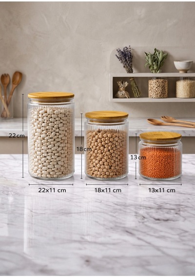 3'lü Etiketli Cam Kavanoz Seti Bambu Vakum Kapak Çizgili Erzak Un Bakliyat Saklama Kabı 1-1,5-2 Lt Şeffaf
