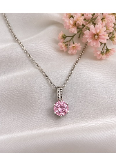 Bijutaki Pembe Taşlı Zarif Kolye Gümüş