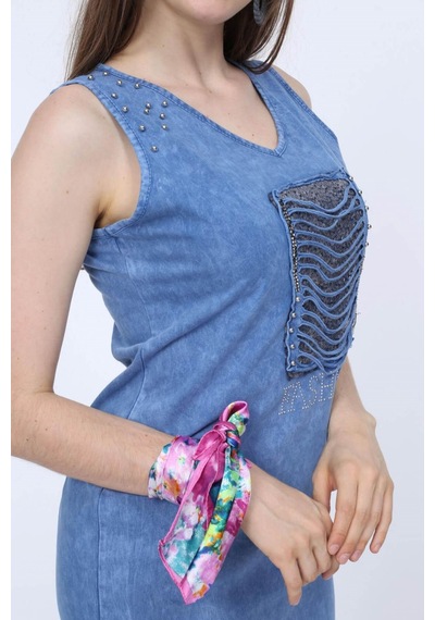 Mia Butik Kadın V Yaka Kare Pul Payetli Mavi Elbise-683 Mavi
