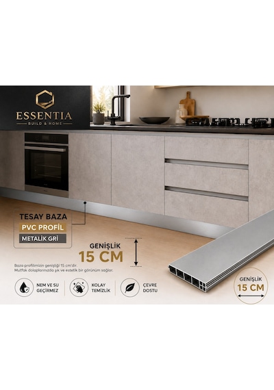 Tesay Pvc Baza Profili 15 Cm Metalik Gri 120 Cm Mutfak Dolabı Süpürgelik Profili