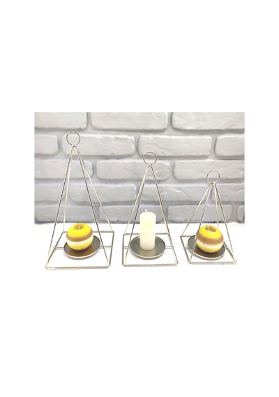 Gold / Gümüş Kaplama Dekoratif Modern Piramit Dizayn 3lü Mumluk Gold