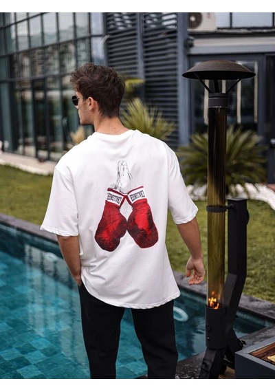 Erkek Kısa Kol Tişört Bisiklet Yaka Boxy Eldiven Baskılı T-shirt - Beyaz