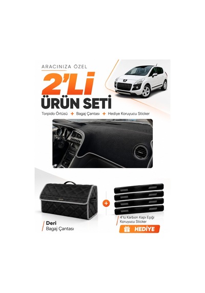 Peugeot 3008 Ekransız 2010-2015 Uyumlu Torpido Örtüsü + Deri Bagaj Çantası + Sticker - Siyah Gri