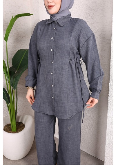 Hira Life Fashion Kadın Çilek Kumaş Gömlek Yaka Önü Düğmeli Yandan Bağcıklı Gömlek Tunik-pantolon İkili Takım Gri Gri