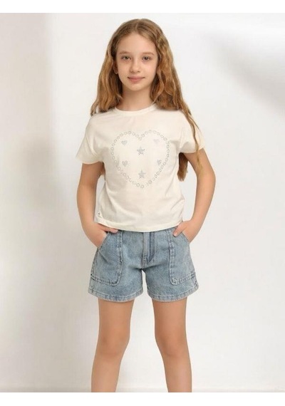 Escabel Kız Çocuk Pamuklu Yuvarlak Yaka Yarım Kol Taşlı T-shirt-15669 Ekru