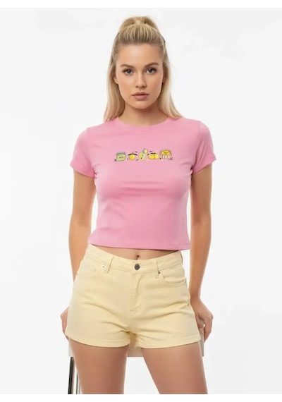 Park Karon 26025 Pamuk Desenli Crop Boy Bisiklet Yaka Örme Bluz Pembe 40