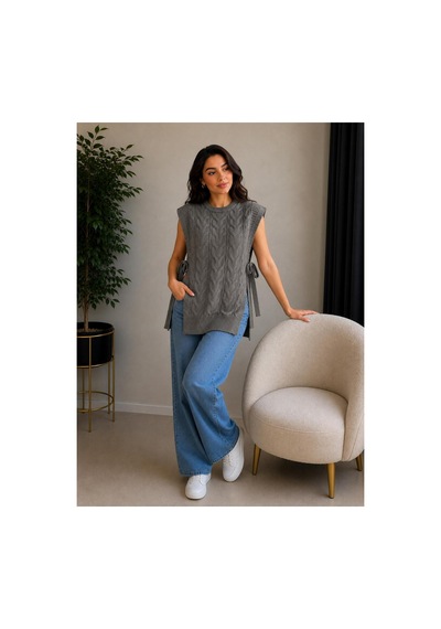 Hira Life Fashion Kadın Bisiklet Yaka Yanları Açık Bağcıklı Oversize Triko Süveter Gri Gri