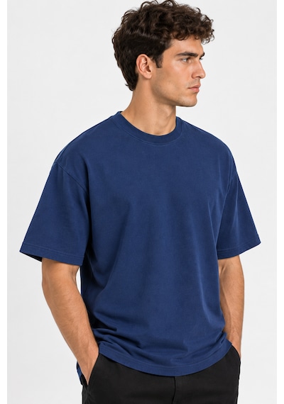 Vasto Moda Erkek Oversize Kalın Dokulu %100 Organik Pamuk Bisiklet Ribana Yakalı Lacivert T-shirt