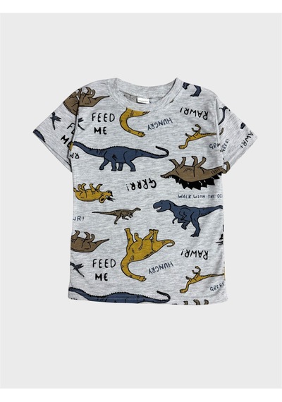 Aliş Kids Erkek Çocuk Pamuklu Gri Dinozor Desenli Kısa Kollu Şortlu Yazlık Pijama Takımı