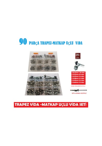Trapez Vida Seti 90 Parça Matkap Uçlu Anahtar Başlı Vida Seti