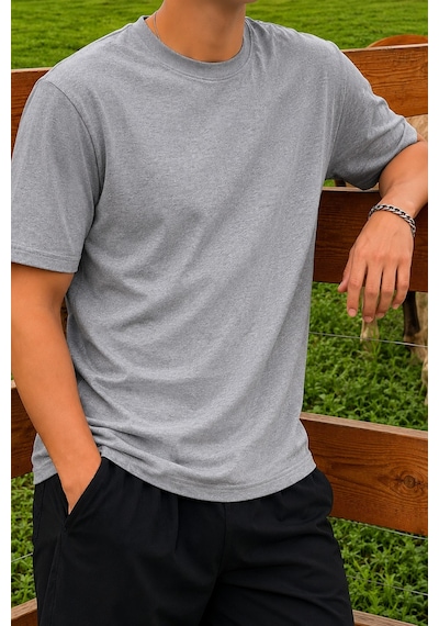 Tarz Cool Erkek Regular Fit Bisiklet Yaka Basic Tişört 2 İplik Şardonsuz %100 Pamuk Günlük Rahat T-shirt Gri