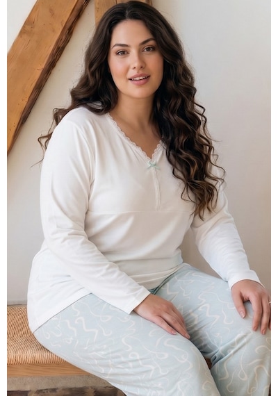 Siyah İnci Ekru Desenli Büyük Beden Battal Boy Viskon Örme Pijama Takım 26224836