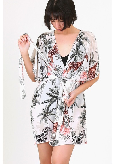 Pareo Plaj Elbisesi Kimono Std Yazlık Oversize Tül Gömlek Kemerli Elbise Tropikal Beyaz