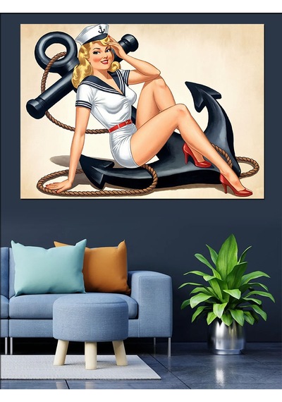 Demir Çapalı Pin-up Kadın Dekoratif Kanvas - Mdf Ahşap Tablo