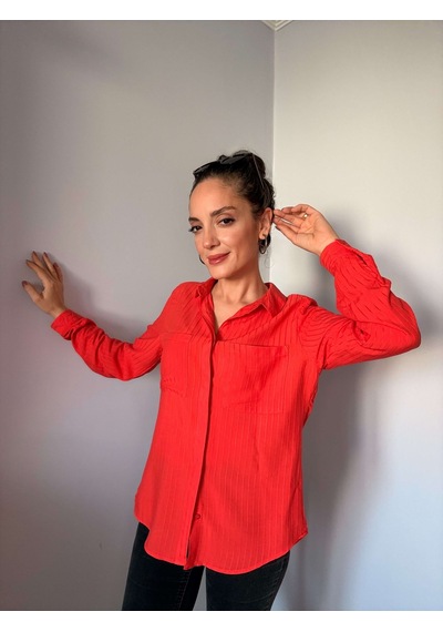 Ali Butik Turuncu Fitilli Gizli Düğme Detaylı Viskon Gömlek Turuncu