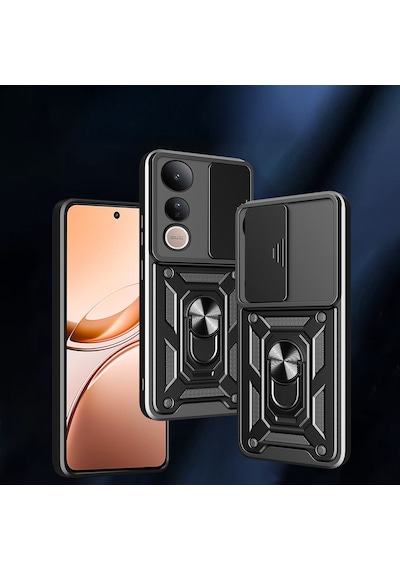 Vivo V50 Lite 4g Kılıf Magnetik Standlı Kamera Korumalı Zore Sürgülü Vega Kapak Siyah