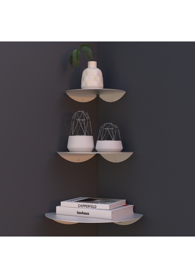 Oval Metal 3'lü Duvar Köşe Rafı Modern Dekoratif Raf Seti Beyaz